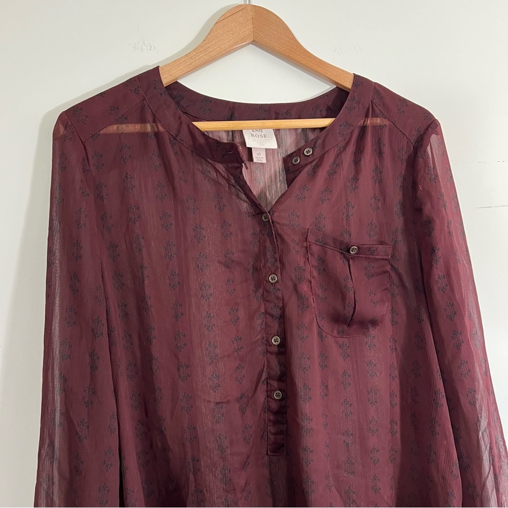 Knox Rose Boho Tunic Top Size 1X Maroon Sheer Collarless Long Sleeve Henley - Picture 4 of 14
